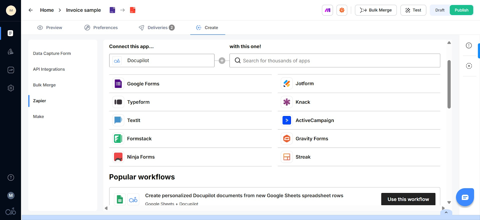 Screenshot showing how to connect Docupilot to a data source in Zapier