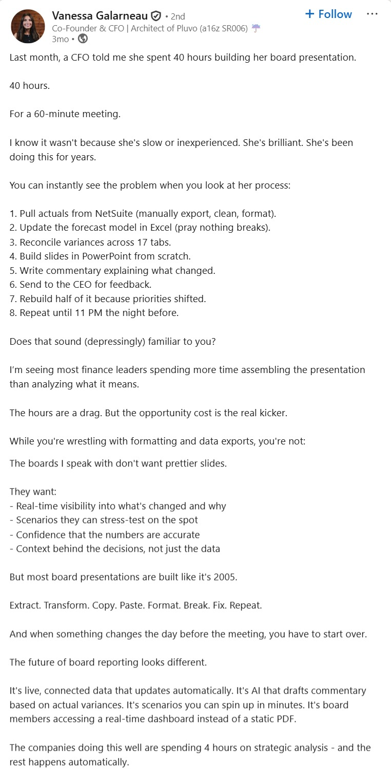 Screenshot of a LinkedIn post about how finance leaders spend a lot of time on manual report creation