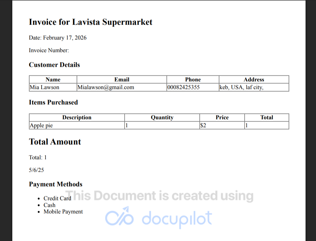 Screenshot of automatically generated financial invoice created using Docupilot template automation