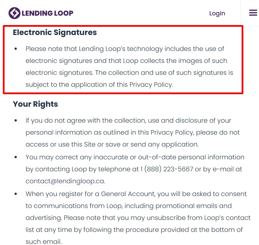 Screenshot of lendingloop’s privacy page showing their e-signature disclosure clause