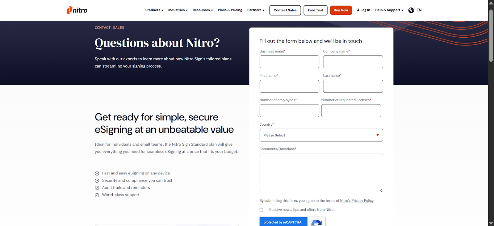 Screenshot of Nitro Sign’s sales contact page