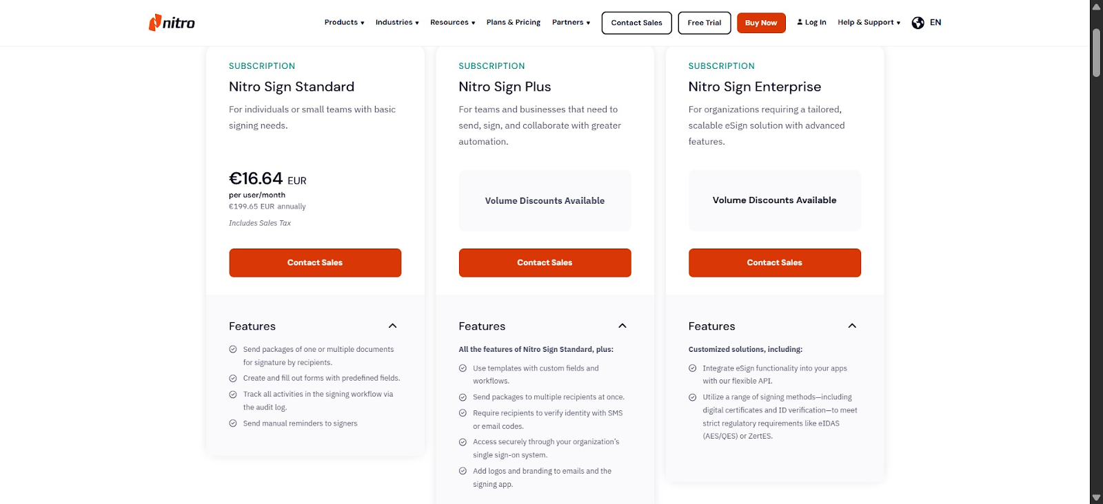Screenshot of Nitro Sign’s pricing page