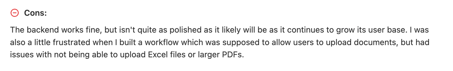 Screenshot of a Capterra review highlighting Gavel's file upload limitations with Excel files and larger PDFs.