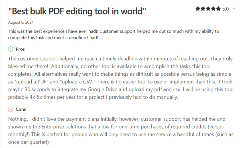 User review highlighting Docupilot’s responsive support and flexible pricing options.