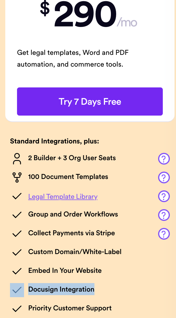 Screenshot of Gavel's pricing page showing DocuSign integration available only on the Pro plan at $290/month.