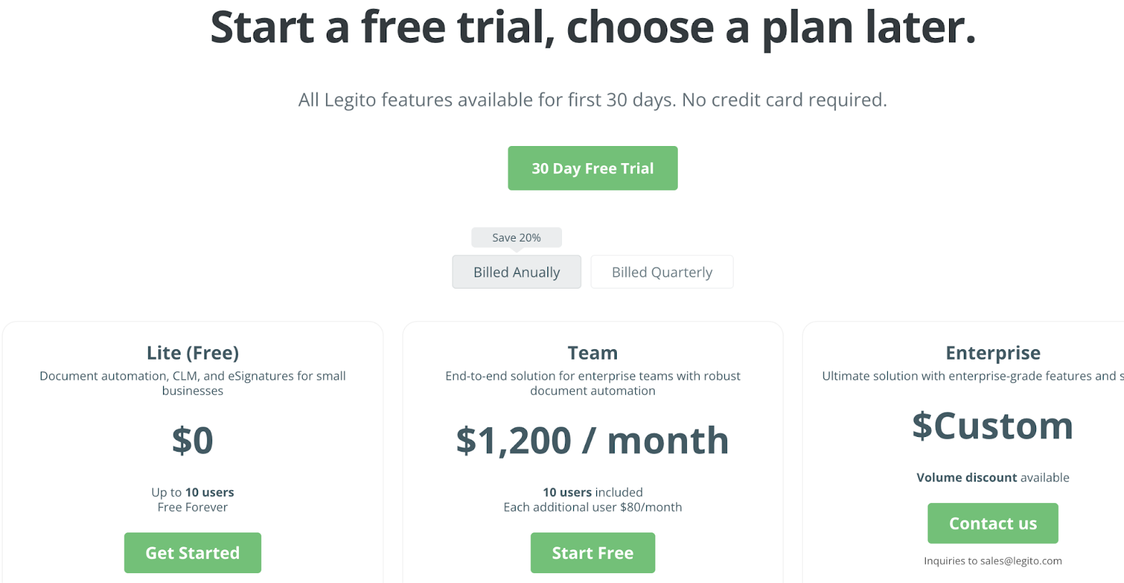 Screenshot of Legito's pricing page showing three plans: Lite at $0, Team at $1,200/month, and Enterprise at custom pricing.