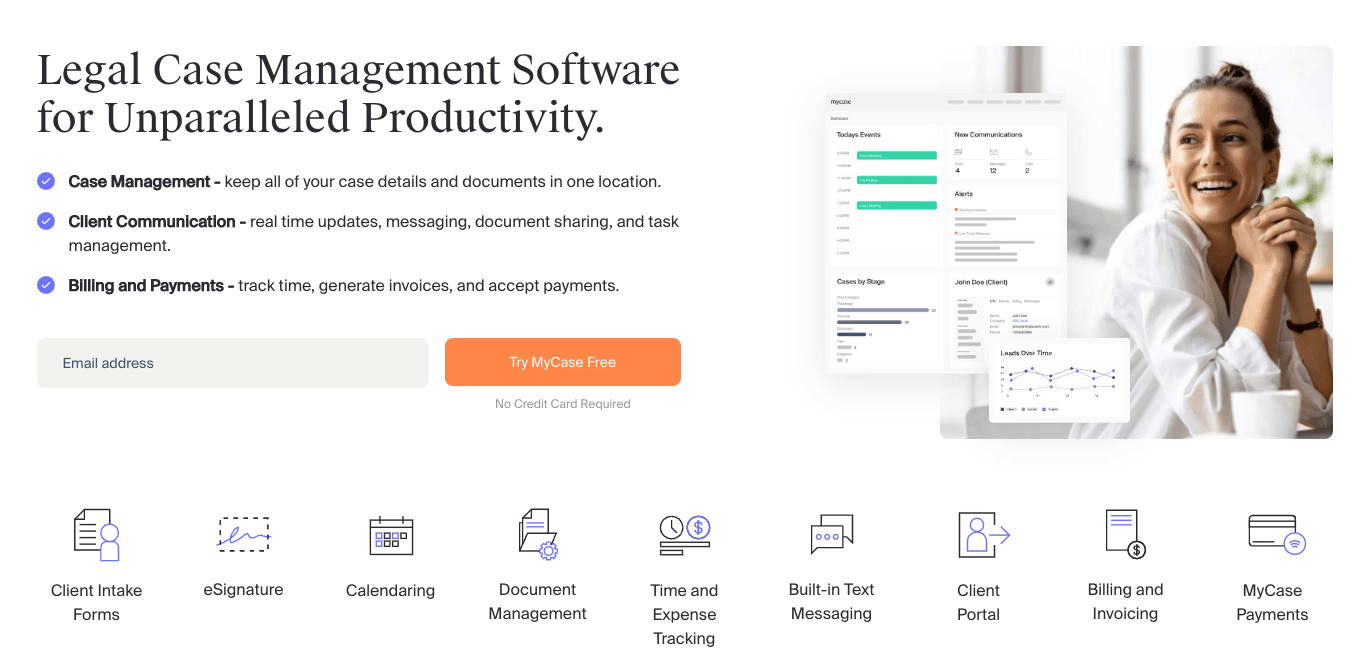 Screenshot of MyCase homepage