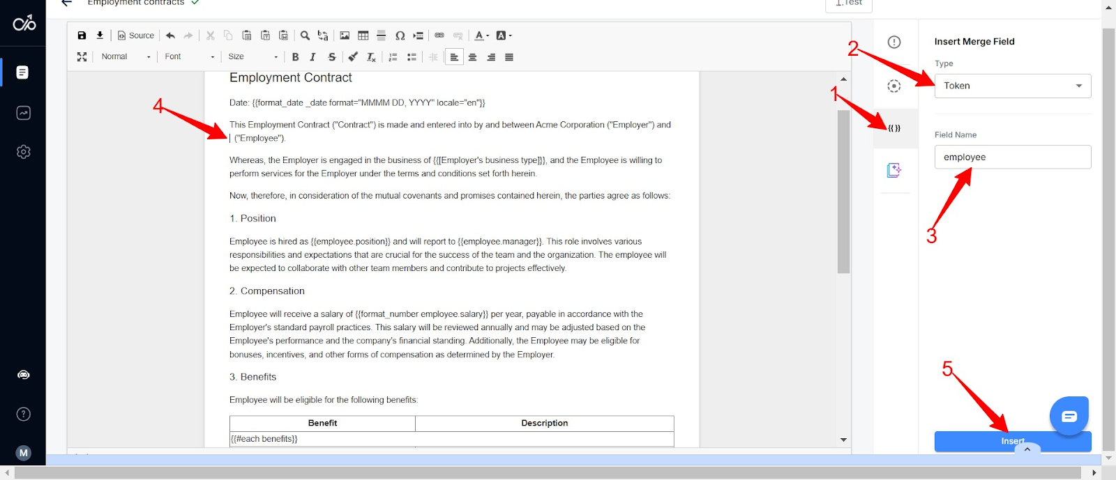 screenshot of Docupilot showing how to insert merge fields