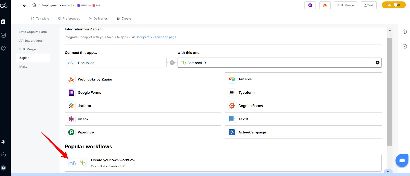 screenshot of Docupilot showing how to connect to Zapier and make through Docupilot
