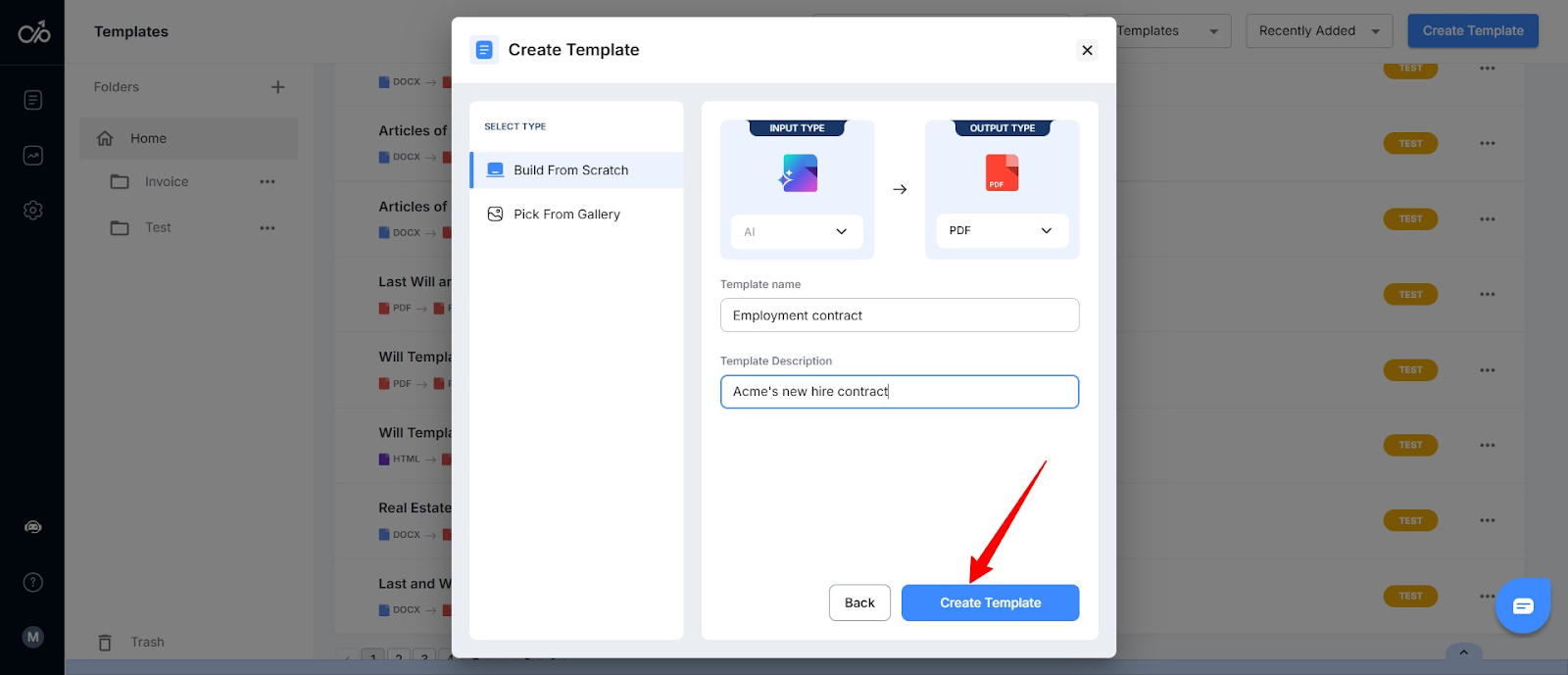 screenshot of Docupilot showing the different ways of creating templates