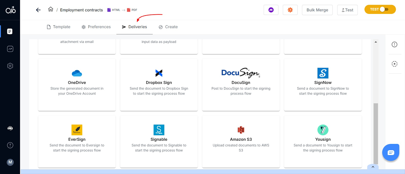 screenshot of Docupilot showing the different document delivery options
