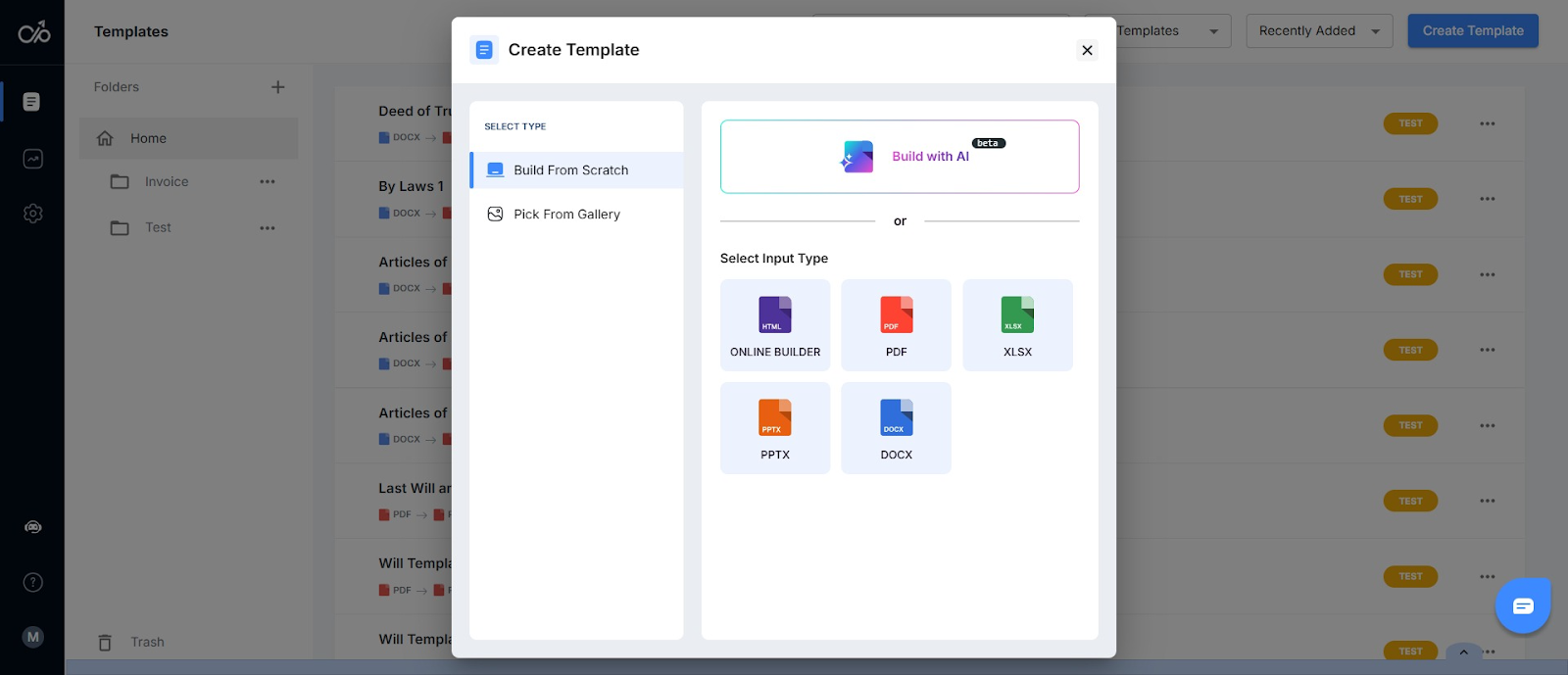 screenshot of Docupilot showing the different ways of creating templates 