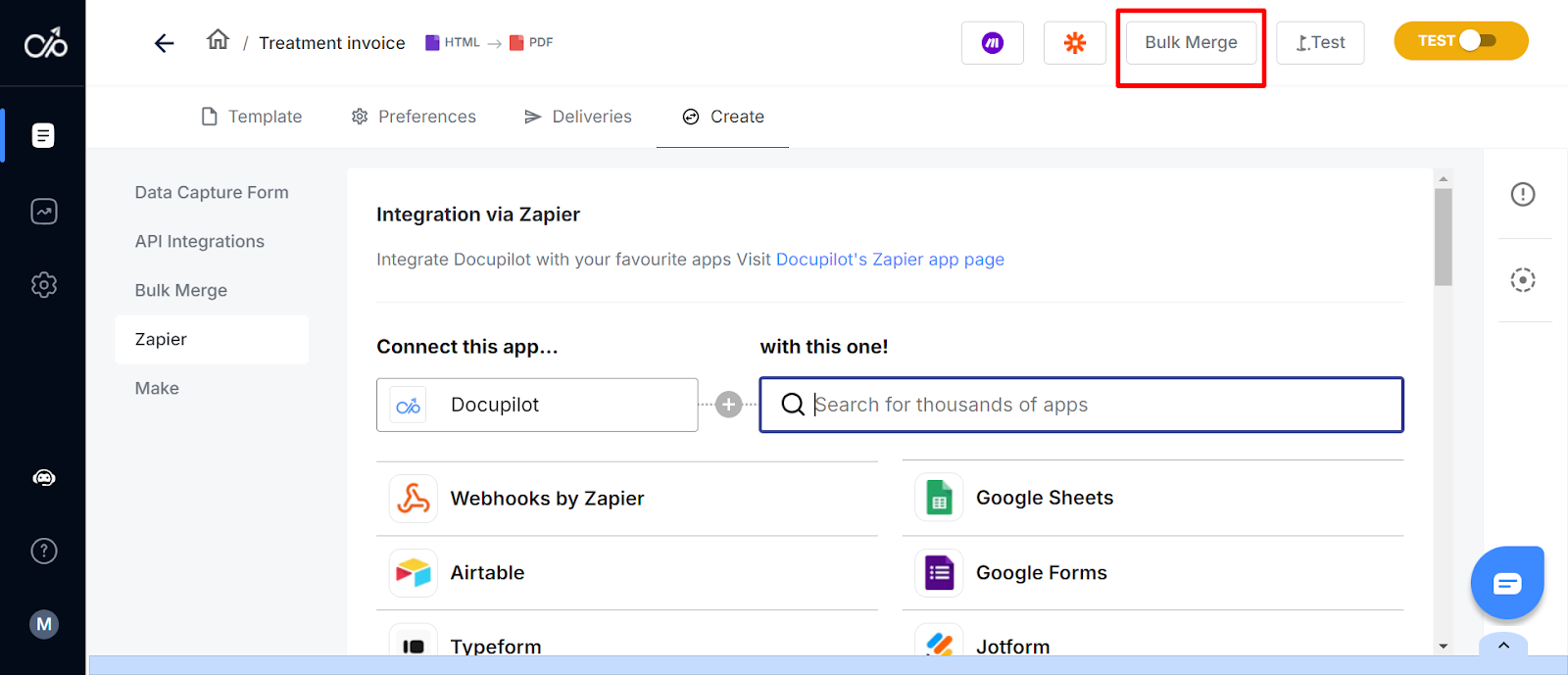 screenshot of Docupilot showing the different ways of connecting templates to data sources