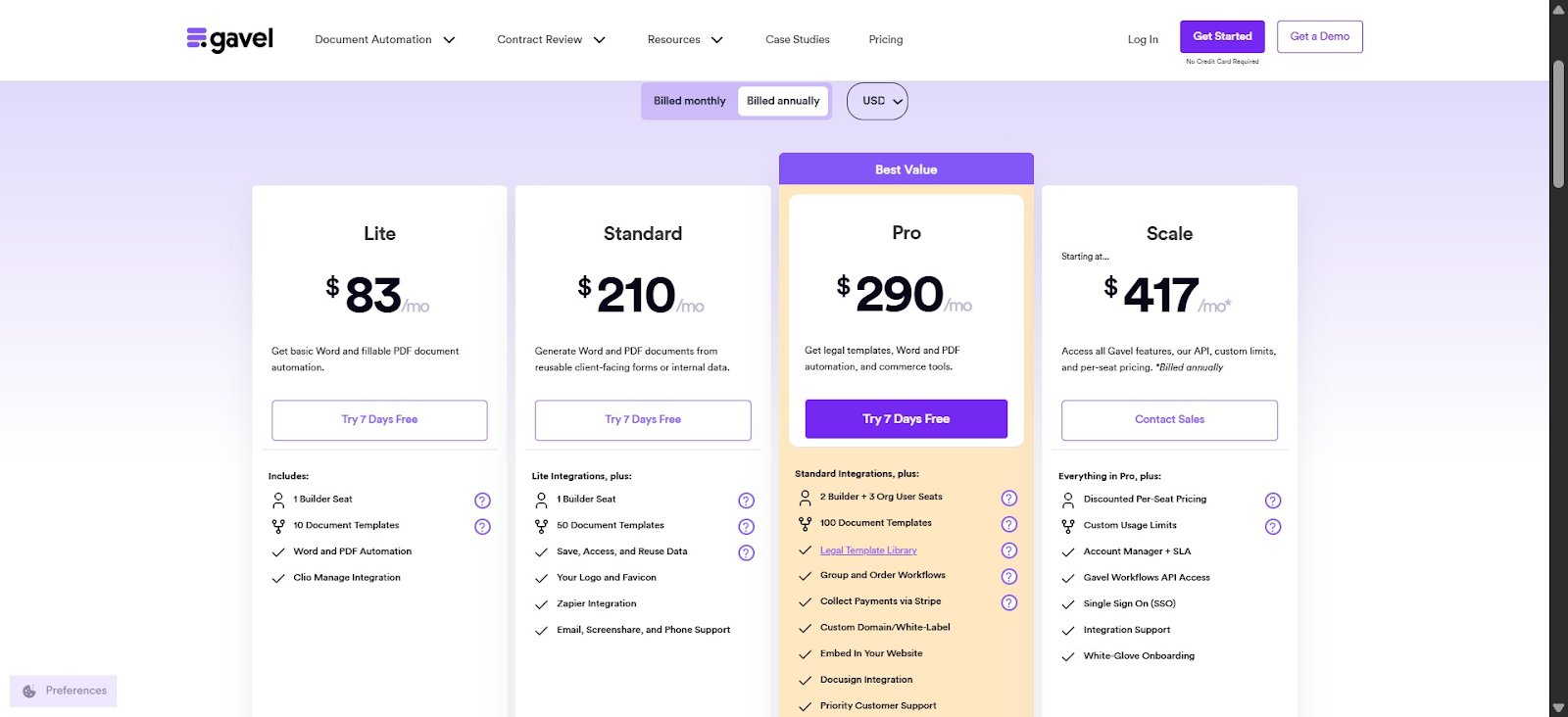 Screenshot of Gavel’s pricing page