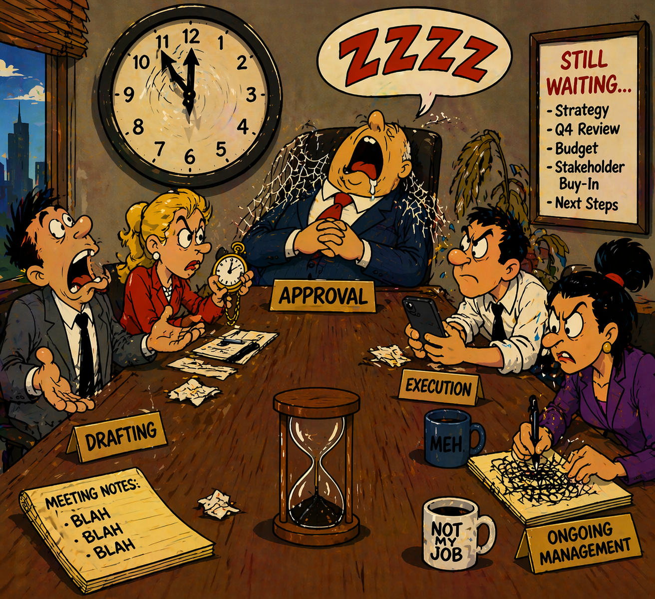 Cartoon of a frustrated team waiting at a boardroom table while the Approver sleeps, illustrating contract approval workflow delays.