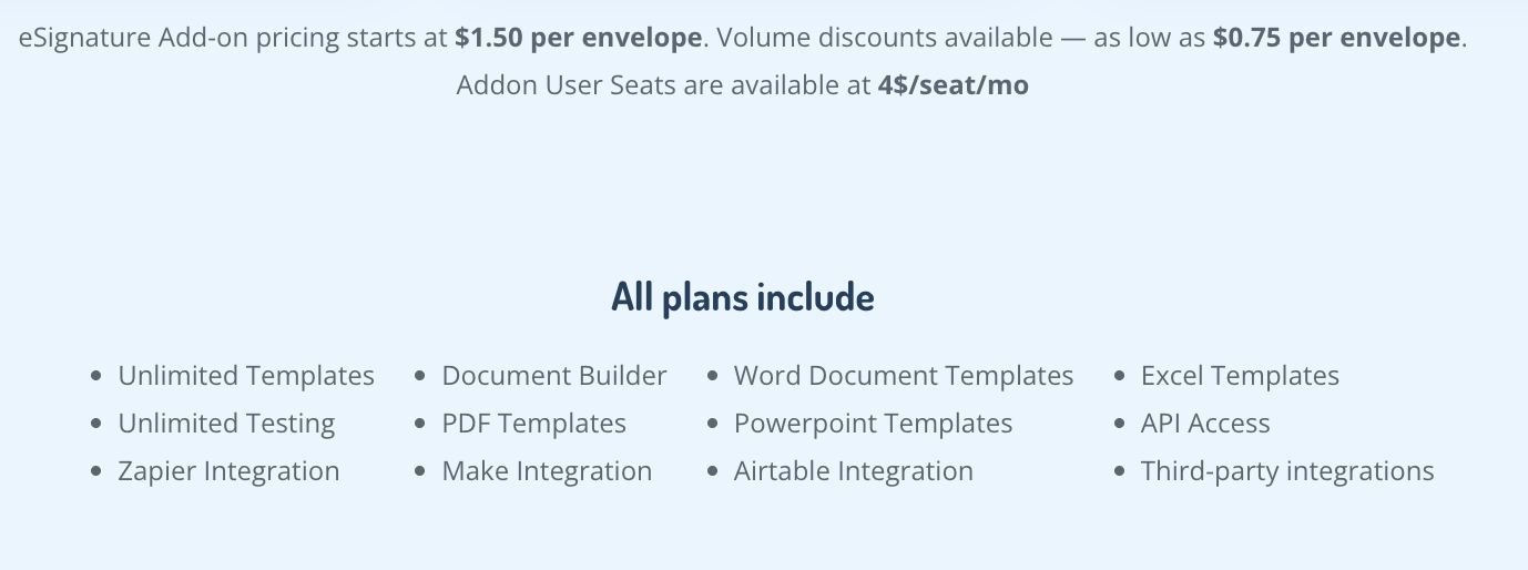 Docupilot's eSignature add-on pricing and standard plan inclusions. All paid plans include unlimited templates, API access, and integrations with Zapier, Make, and Airtable. Source: Docupilot pricing page.