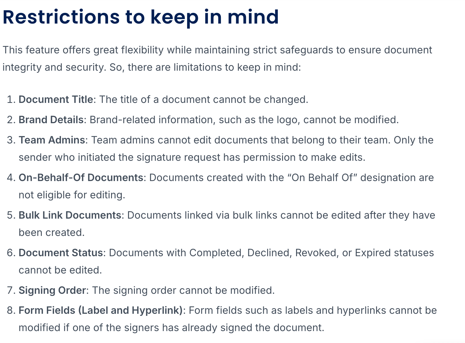 BoldSign's 8 editing restrictions, from their official in-progress document editing guide. Changing the contract text is not listed as a supported action.