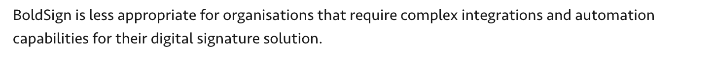 TrustRadius's 2025 review summary of BoldSign, flagging the integration and automation gap directly.