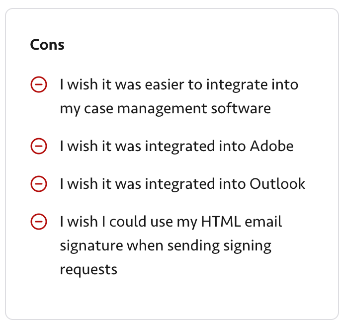 TrustRadius review of BoldSign from a 2025 user listing missing integrations, including case management software, Adobe, Outlook, and email tools.