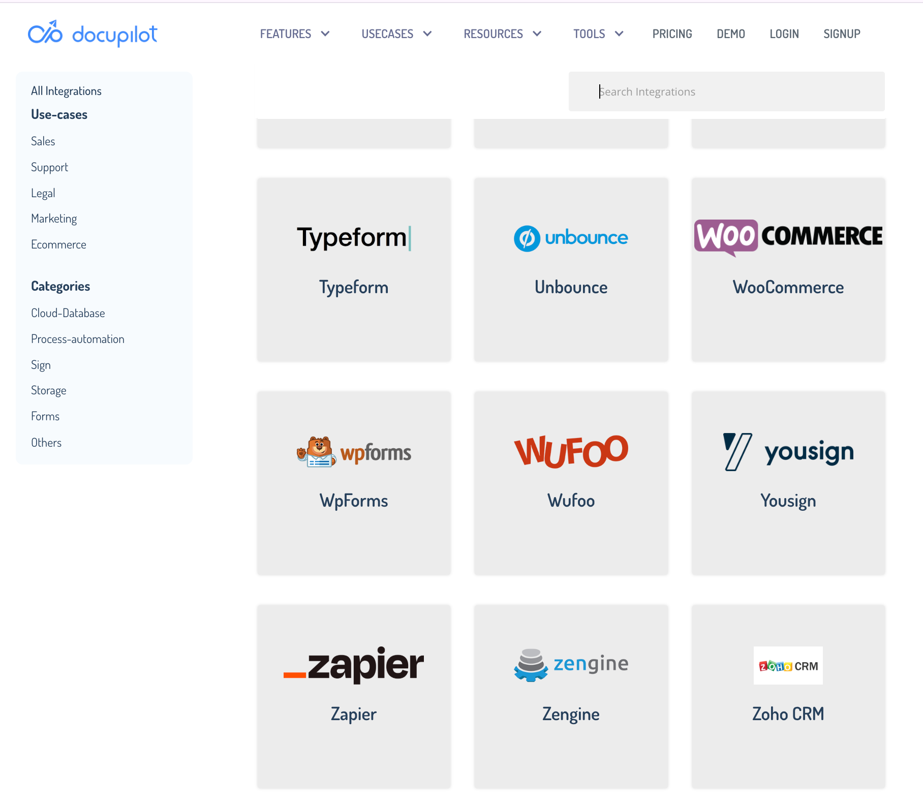 Screenshot of Docupilot's integrations page showing connectors for Typeform, Unbounce, WooCommerce, WpForms, Wufoo, Yousign, Zapier, Zengine, and Zoho CRM, with sidebar filters for use cases and categories.