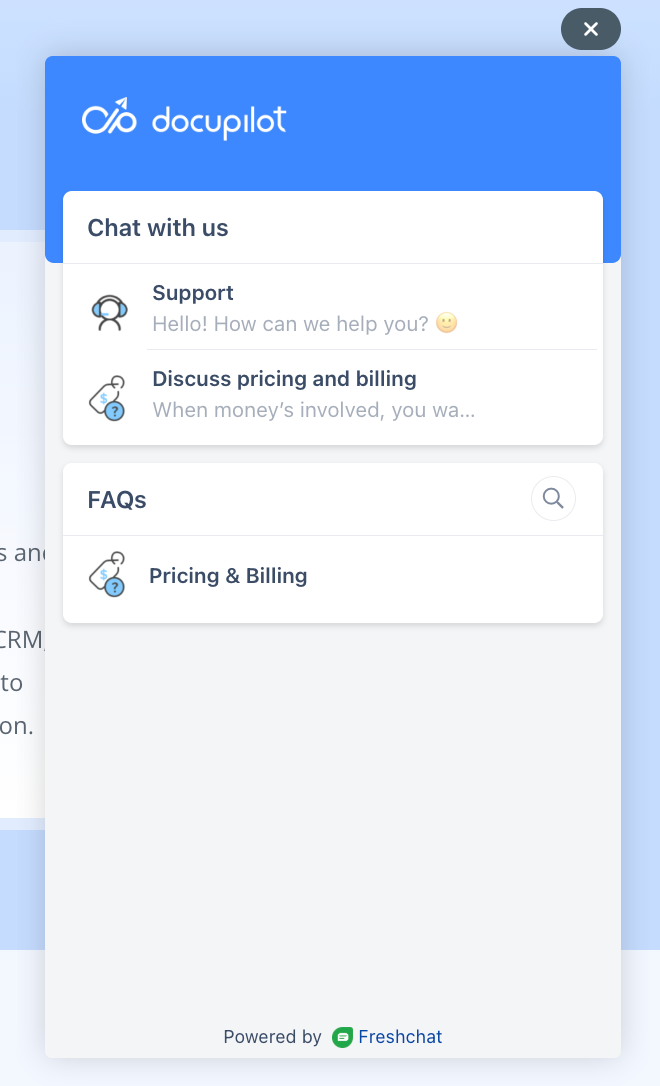 Docupilot's chat widget showing options to message support, discuss pricing and billing, and browse FAQs, powered by Freshchat.