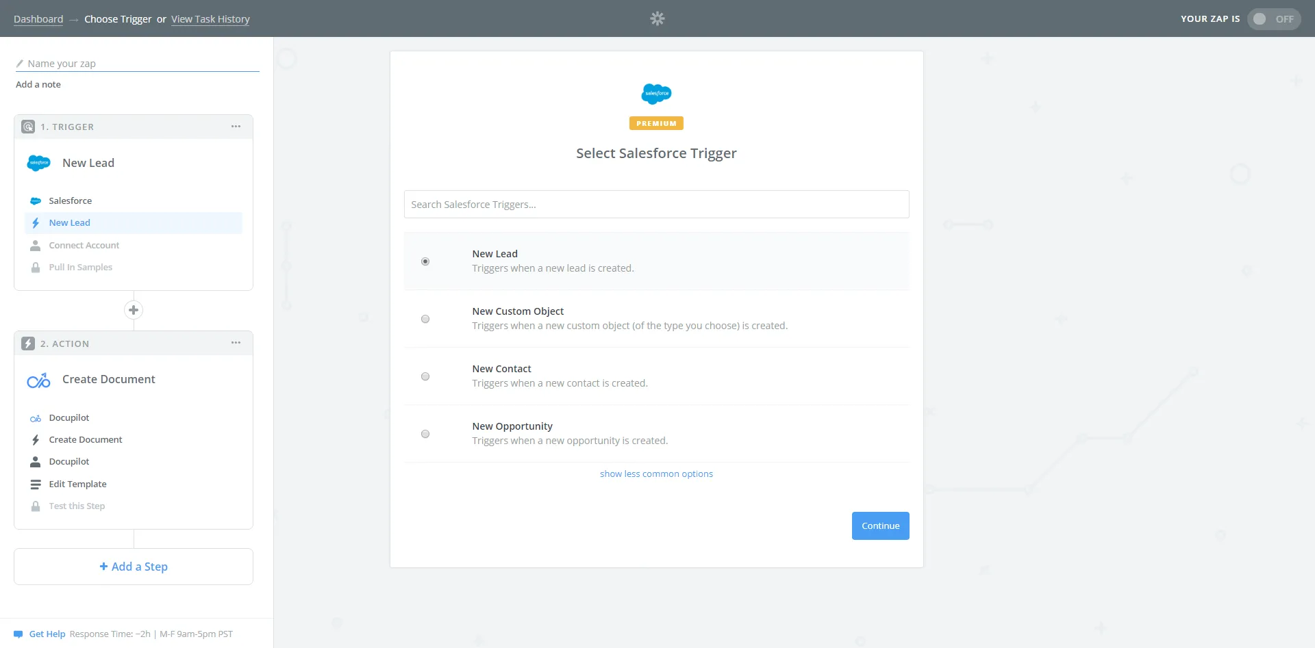 A Zapier interface showing a Salesforce trigger setup connected to a Docupilot Create Document action.