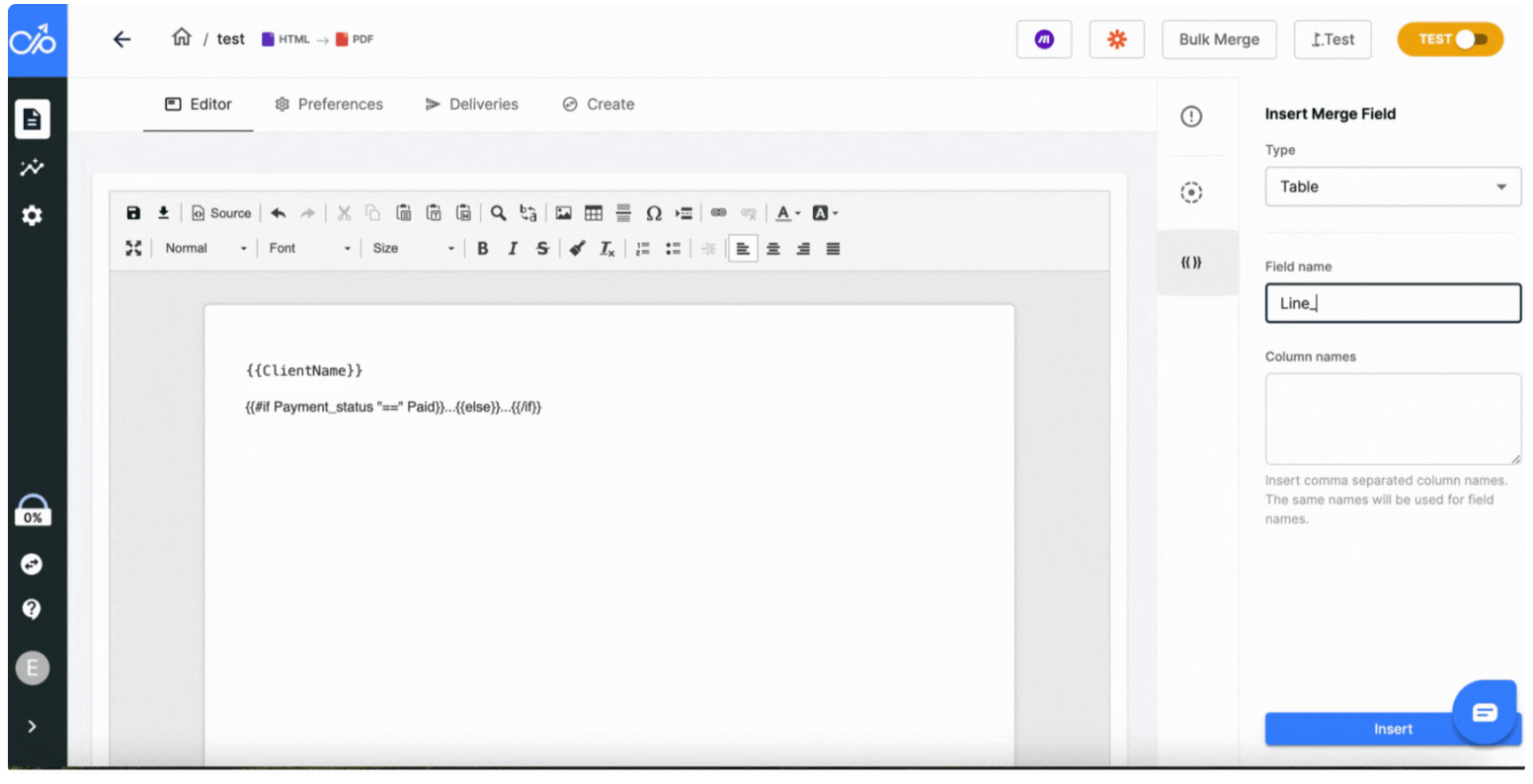 Docupilot template editor showing a merge field and a conditional statement, with the Insert Merge Field panel open on the right.