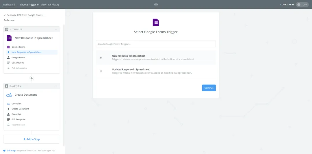 A Zapier interface showing a Google Forms trigger setup connected to a Docupilot Create Document action.