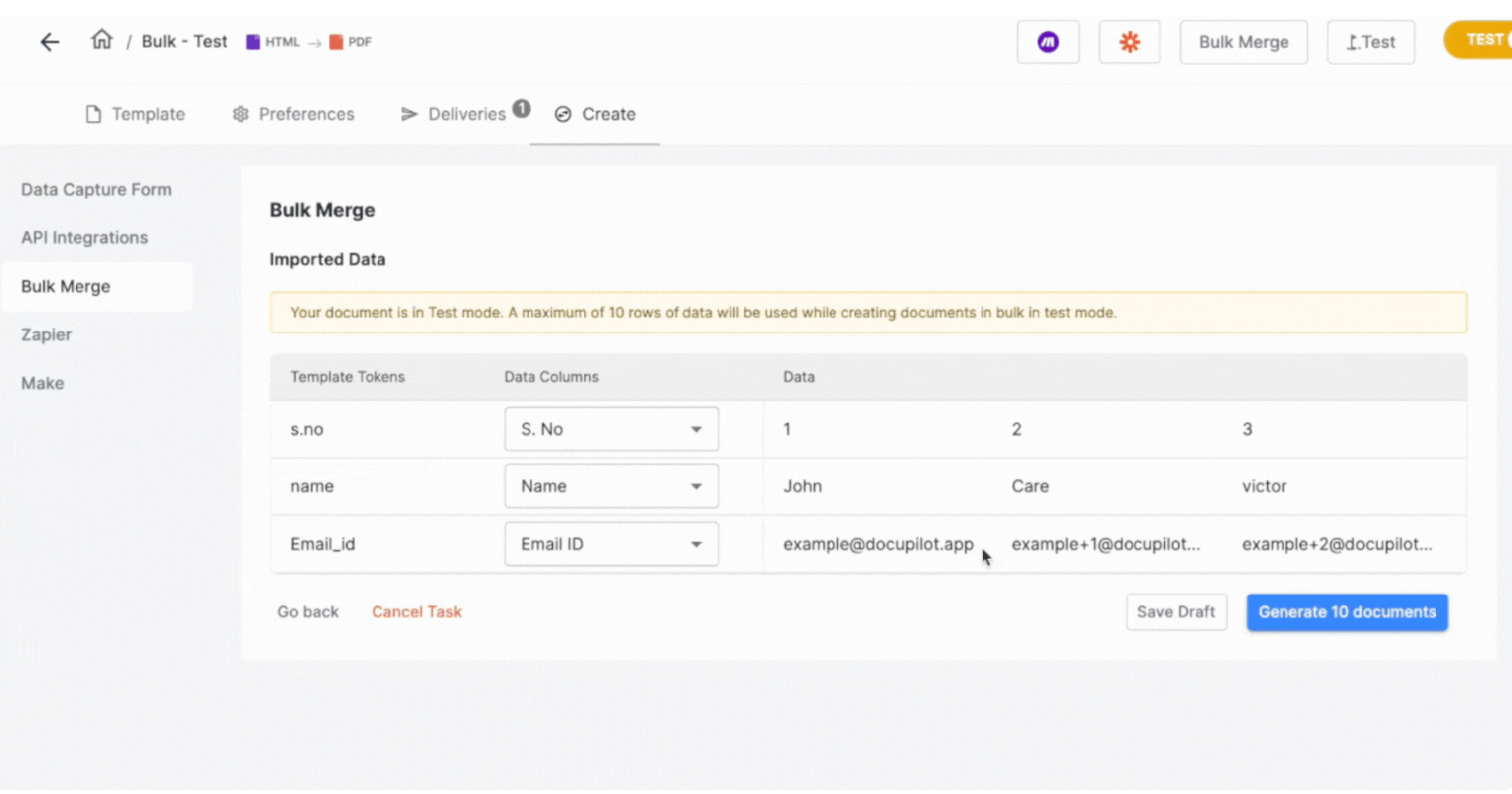 Docupilot Bulk Merge screen showing imported CSV data mapped to template tokens, with rows for serial number, name, and email ID.