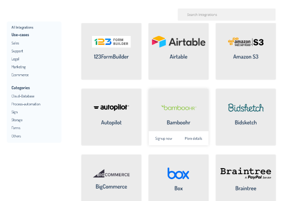 Docupilot integrations page showing tools including Airtable, Amazon S3, Autopilot, BambooHR, and more across categories like cloud database, storage, and forms