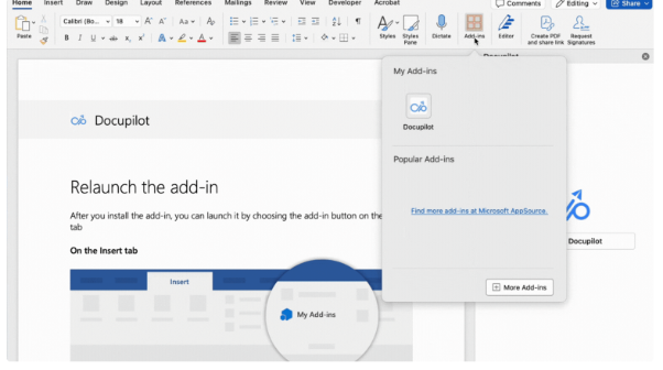 Docupilot add-in appearing under My Add-ins in Microsoft Word's Add-ins menu