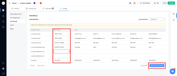 Docupilot Bulk Merge screen mapping CSV data to template fields for five client invoices