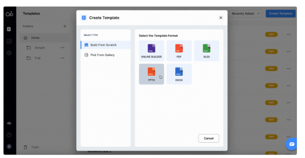 Docupilot Create Template screen showing format options, including Online Builder, PDF, XLSX, PPTX, and DOCX