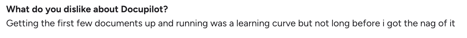 Docupilot G2 review noting a learning curve during initial document setup, with users finding the workflow intuitive once familiar.