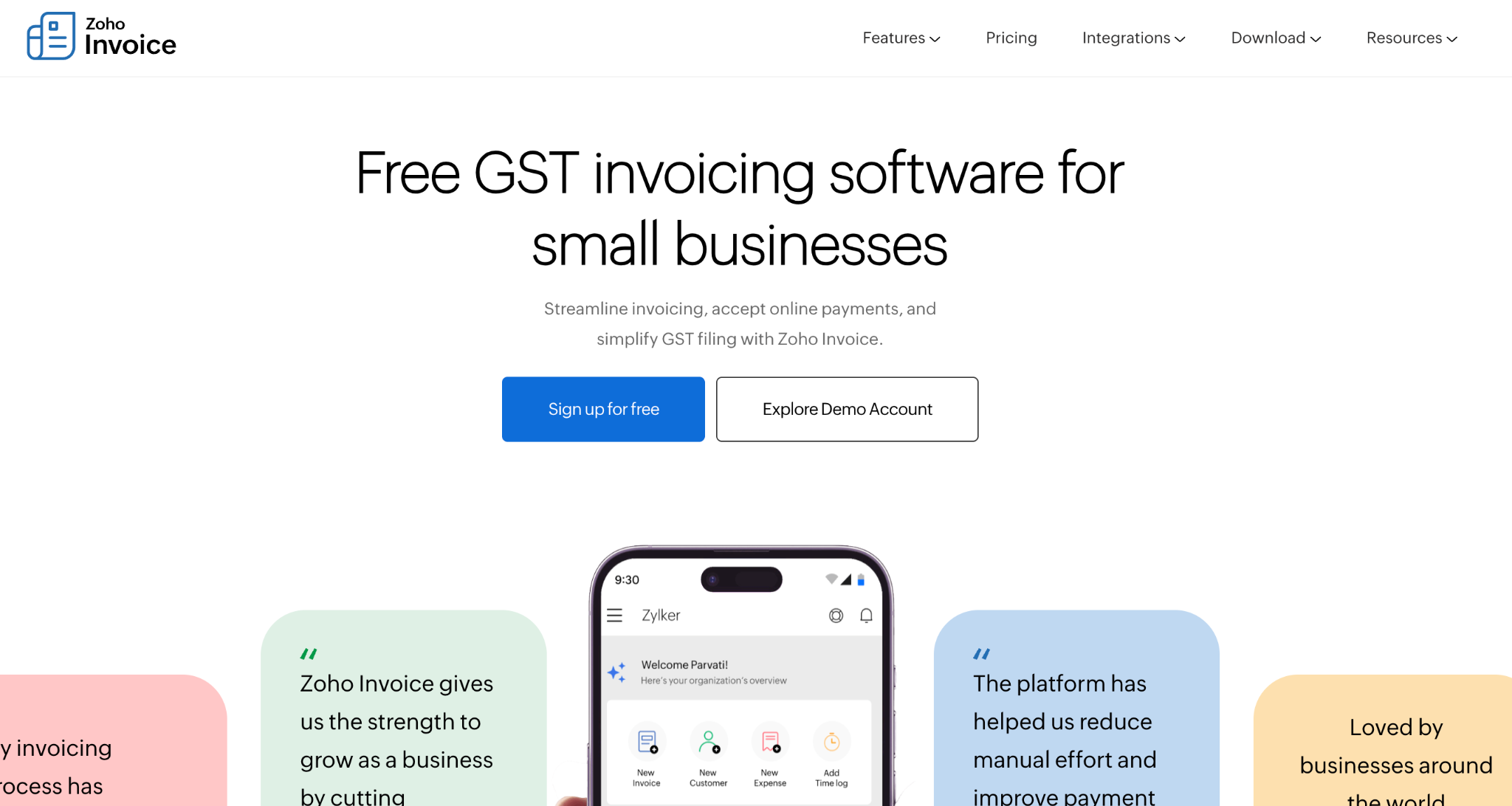Zoho Invoice home page