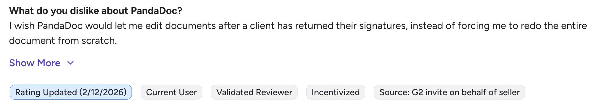 PandaDoc G2 review on what a user dislikes