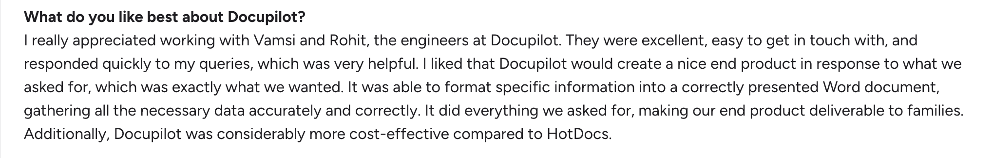 Docupilot G2 review highlighting ease of use, responsiveness of support team, and cost-effectiveness compared to HotDocs.
