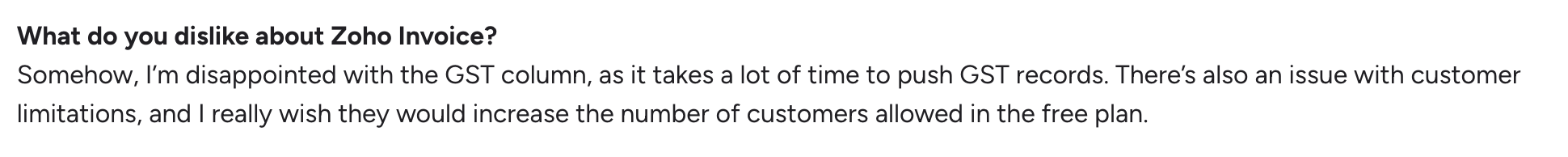 Zoho Invoice G2 review on what a user dislikes