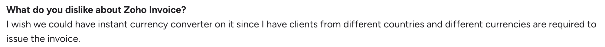 Zoho Invoice G2 review on what a user dislikes