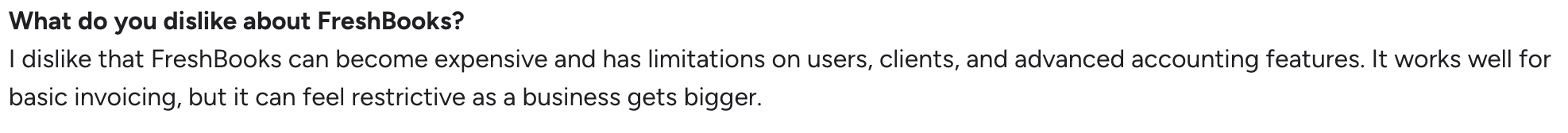 FreshBooks G2 review on what a user dislikes