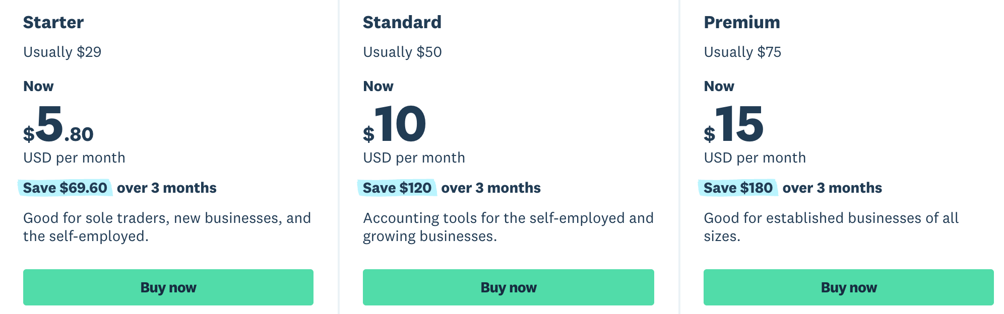 Xero pricing page