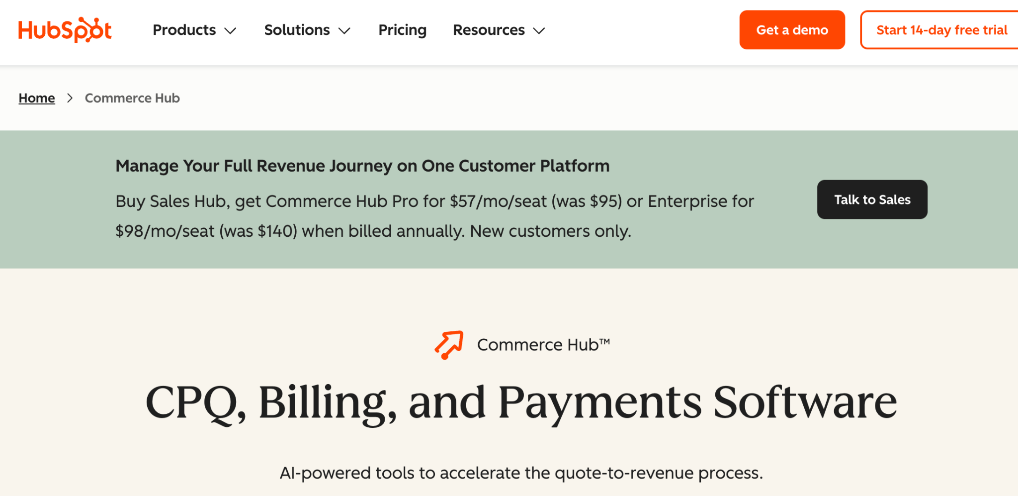 HubSpot Commerce Hub home page