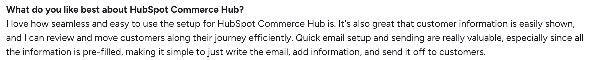 HubSpot Commerce Hub G2 review on what a user likes