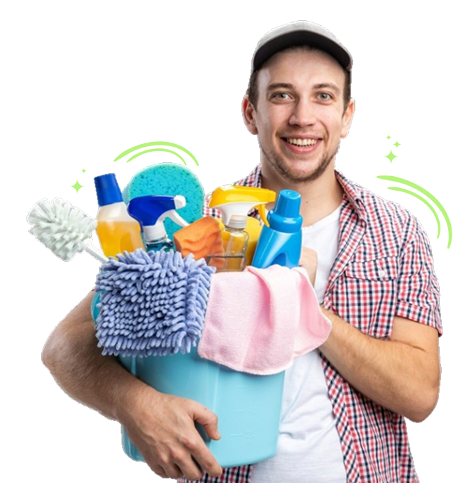 A man stands holding a bucket filled with various cleaning supplies, ready to start his cleaning task.