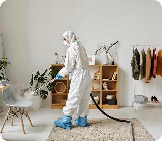 A man is vacuuming a tidy living room, focusing on the carpet while surrounded by furniture and decor.