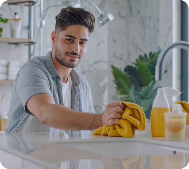 A man is vacuuming a tidy living room, focusing on the carpet while surrounded by furniture and decor.