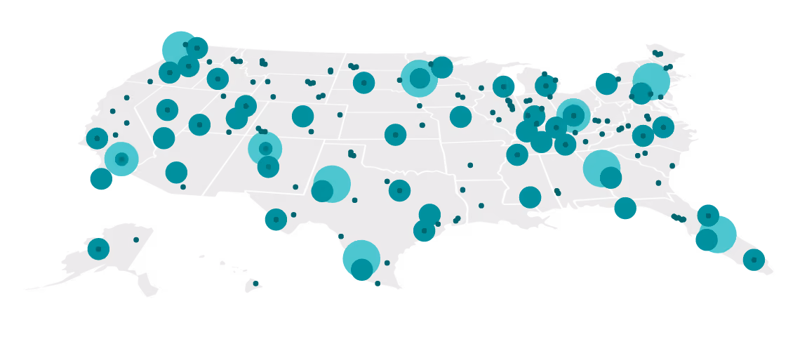 USA map with pin points.