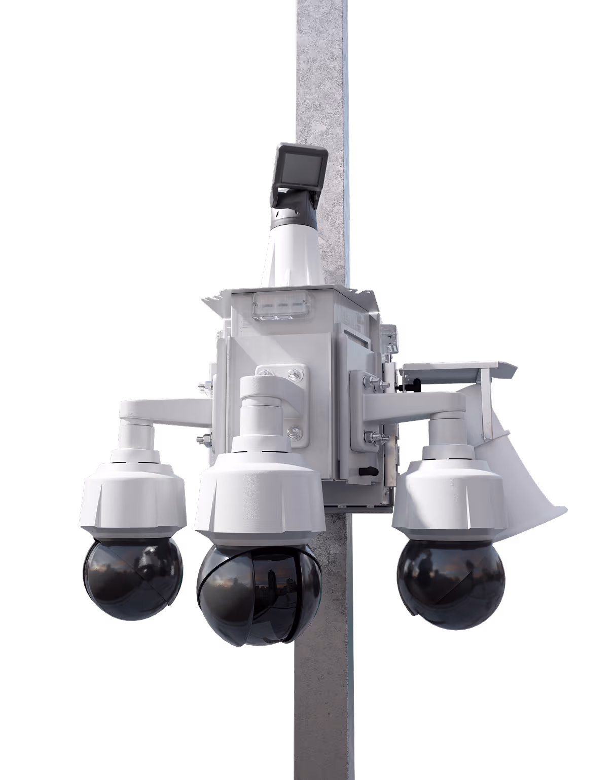 A 3D render of a multi-camera LVT security unit mounted on a pole.