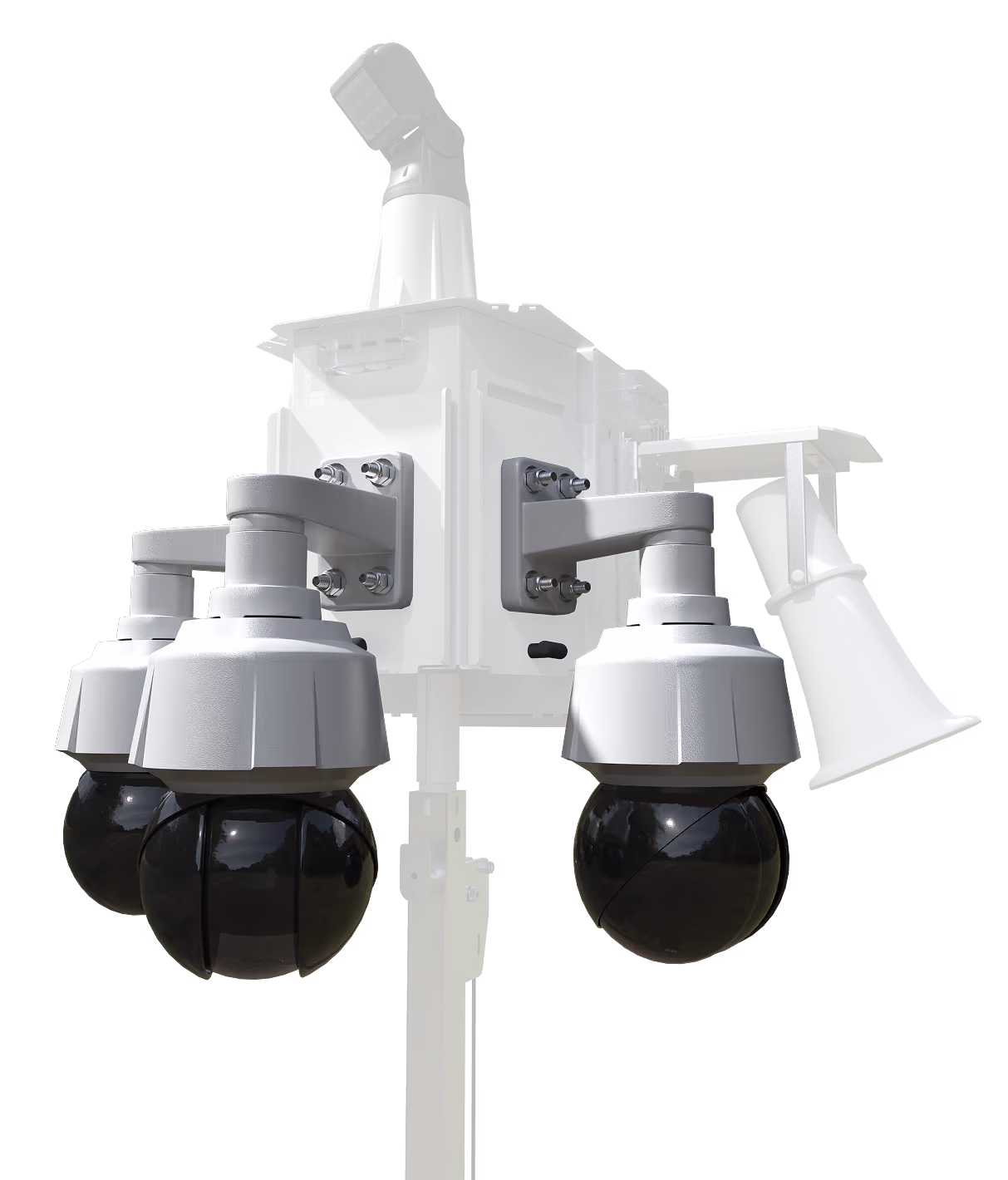 A 3D render of an LVT security unit featuring three pan-tilt-zoom cameras.