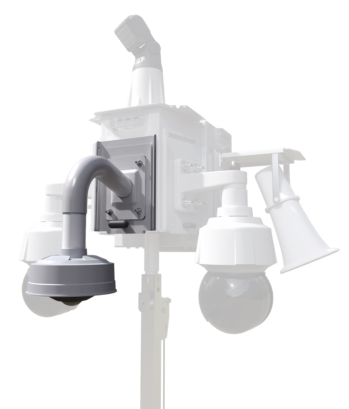 A 3D render of an LVT security unit featuring two panoramic cameras.